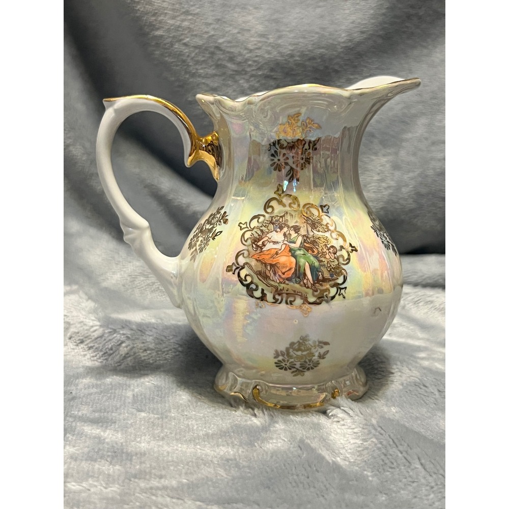 Kahla Germany Porcelain Pitcher‎ Creamer Iridescent Gold Trim Floral Scene GDR
